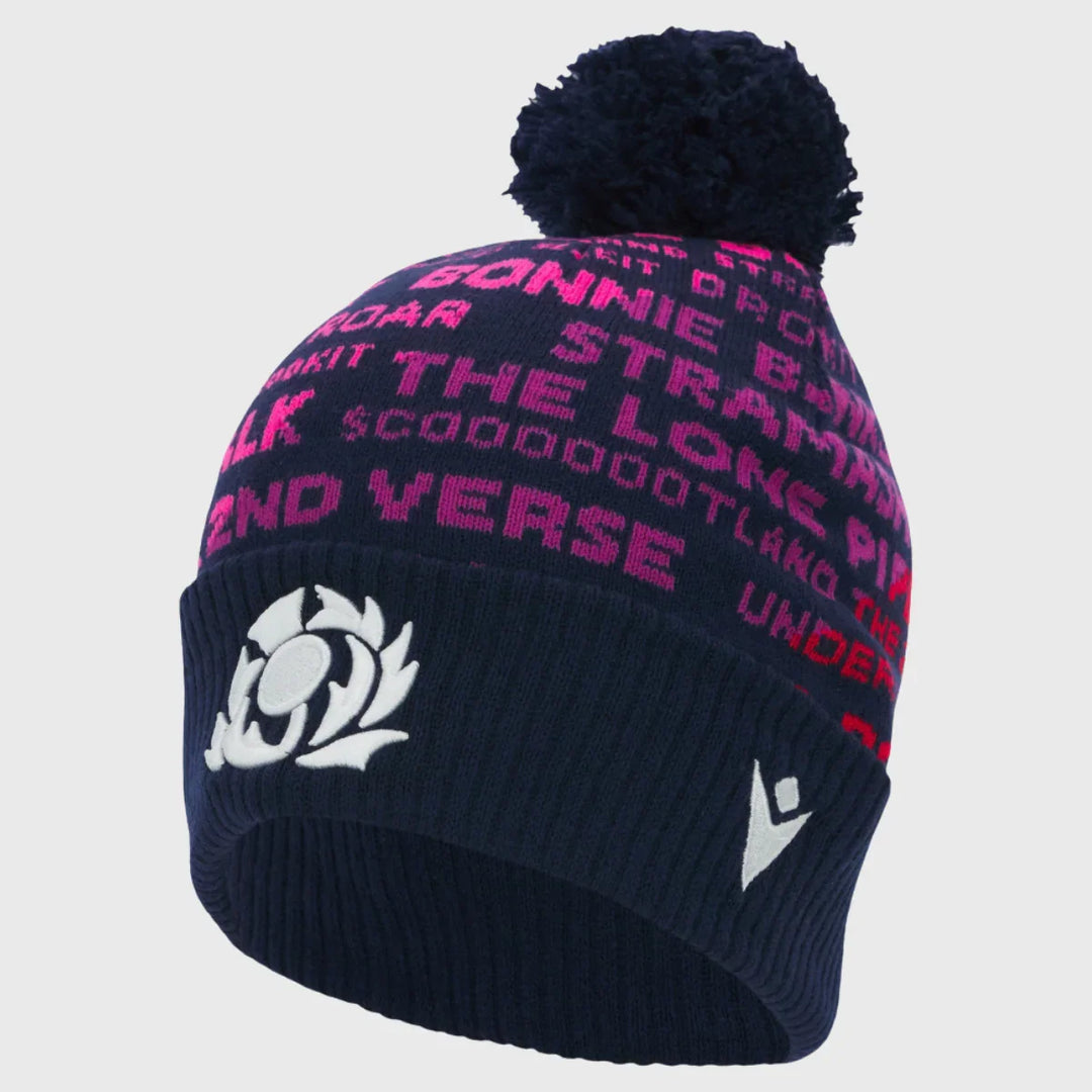 Macron Scotland Rugby Phrases Bobble Beanie Hat Navy 2025/26 - Rugbystuff.com