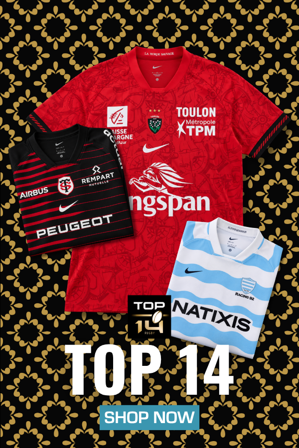 Toulouse, Toulon and Racing 92 home rugby shirts.