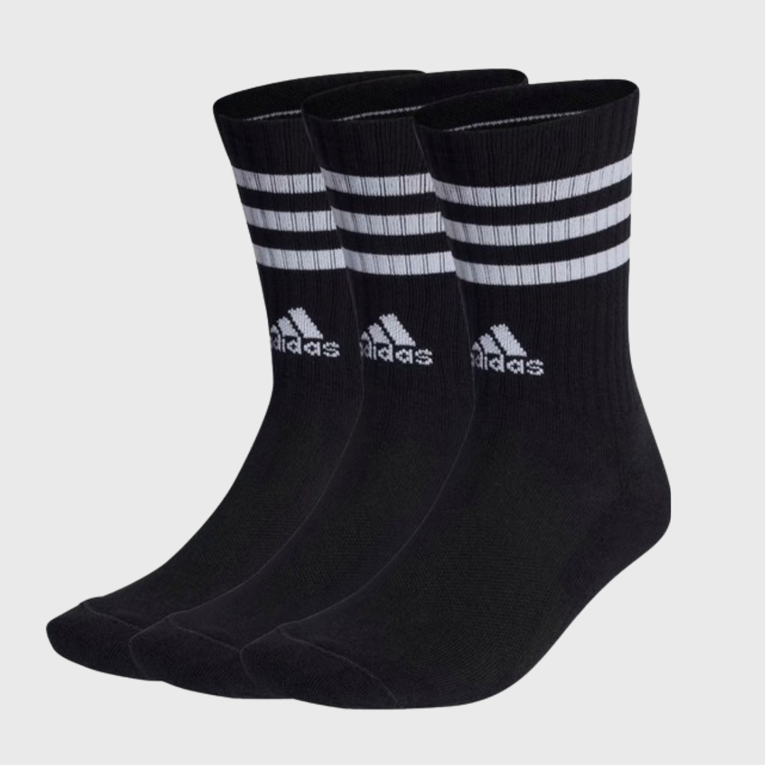 Adidas 3 Stripe Cushioned Crew Socks White 3 Pack Black