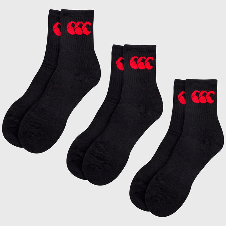 Canterbury Crew Socks 3 Pack Black/Red - Rugbystuff.com